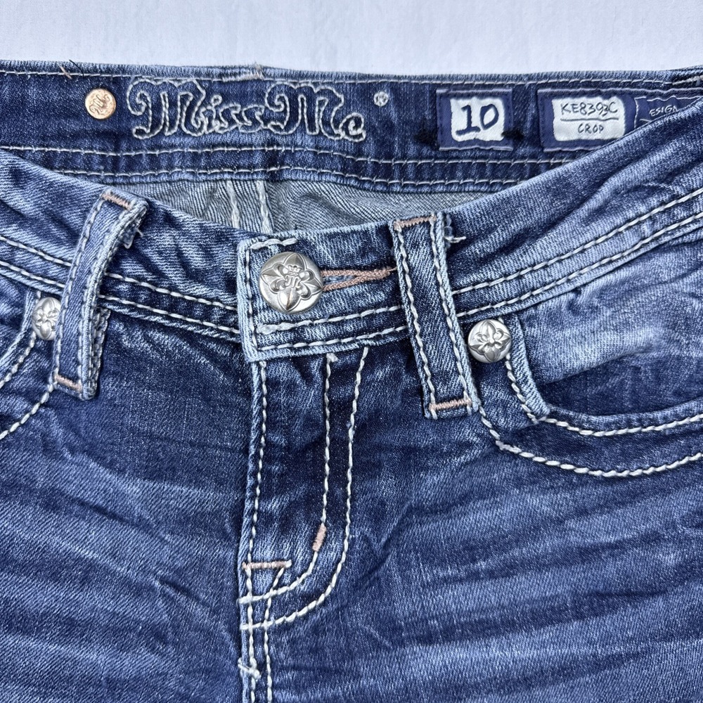 Miss Me Crop GIRLS 21x18 Jeans Cross Flap Blue Rhinestone EMBELISHED - Picture 4 of 9